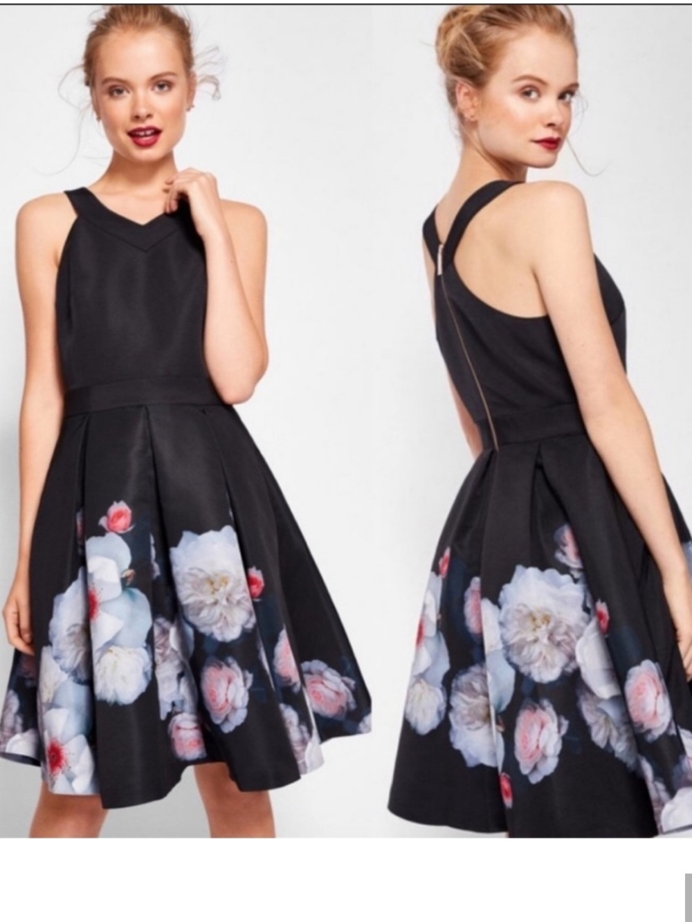 Ted Baker London Black Floral Midi Fit-and-Flare Dress Size 2